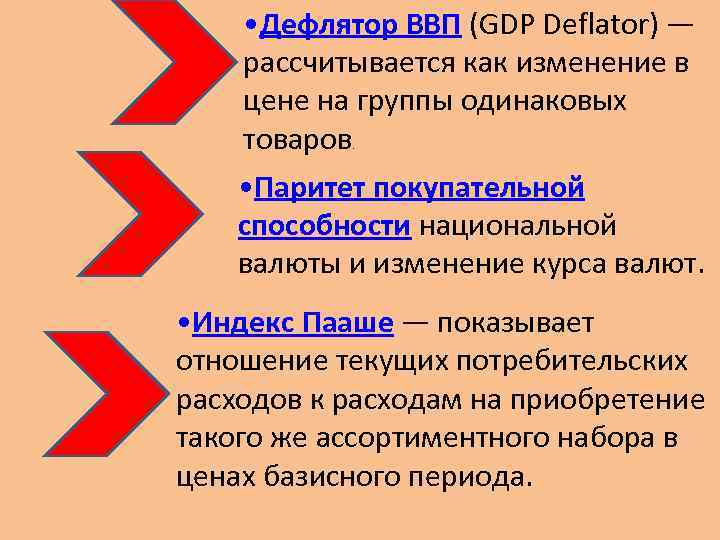  • Дефлятор ВВП (GDP Deflator) — рассчитывается как изменение в цене на группы