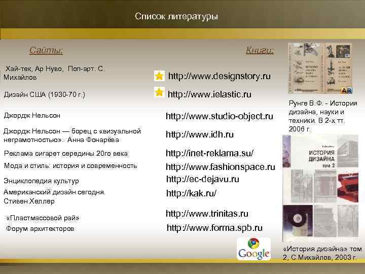 Список литературы Книги: Сайты: Хай-тек, Ар Нуво, Поп-арт. С. Михайлов http: //www. designstory. ru