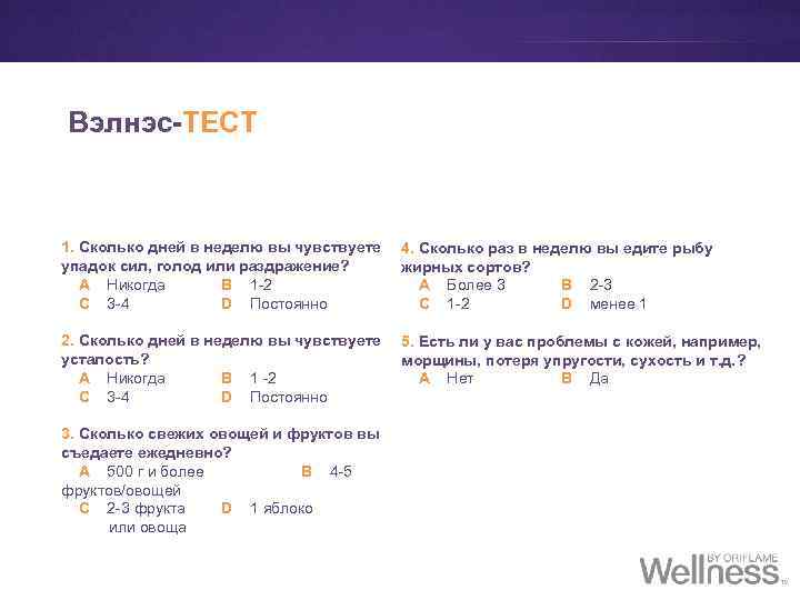 Вэлнэс-ТЕСТ 1. Сколько дней в неделю вы чувствуете упадок сил, голод или раздражение? A