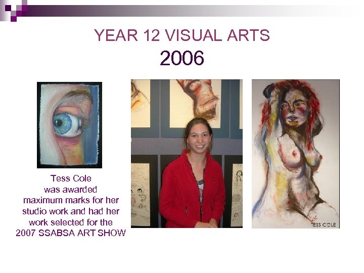 YEAR 12 VISUAL ARTS 2006 Tess Cole was awarded maximum marks for her studio