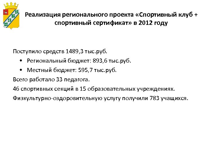Реализация регионального проекта «Спортивный клуб + спортивный сертификат» в 2012 году Поступило средств 1489,