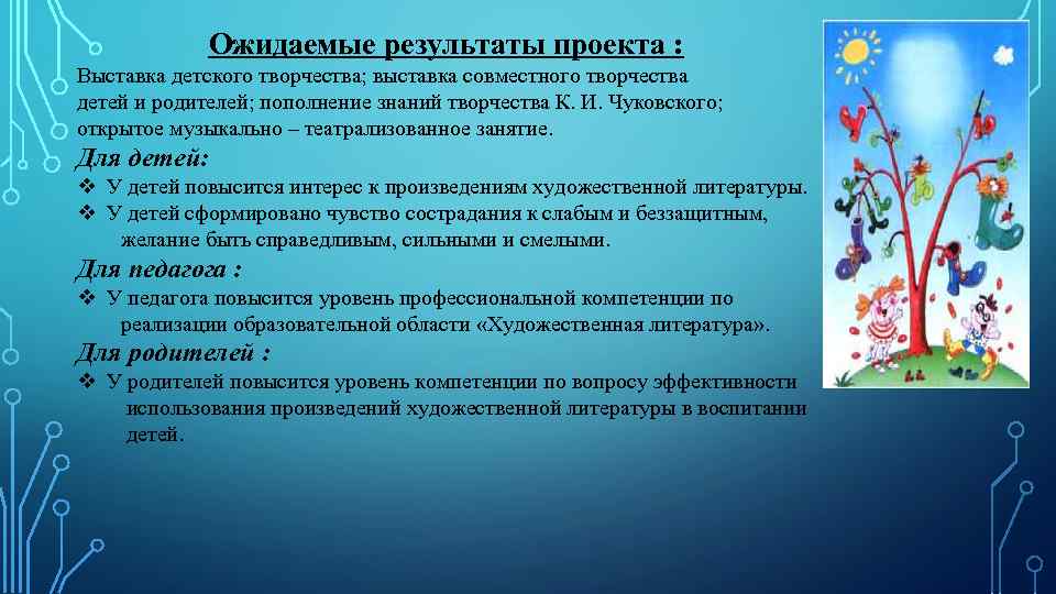 Ожидаемые результаты проекта : Выставка детского творчества; выставка совместного творчества детей и родителей; пополнение