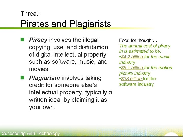 Threat: Pirates and Plagiarists n Piracy involves the illegal copying, use, and distribution of