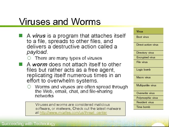 Viruses and Worms n A virus is a program that attaches itself to a