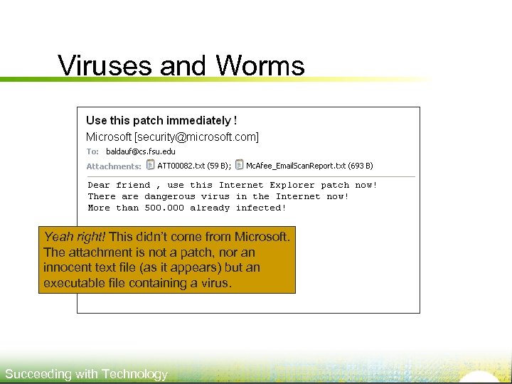 Viruses and Worms Yeah right! This didn’t come from Microsoft. The attachment is not