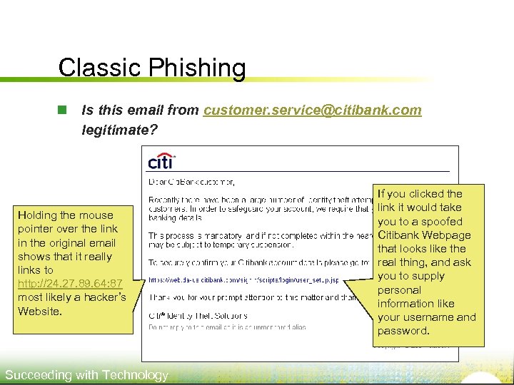 Classic Phishing n Is this email from customer. service@citibank. com legitimate? Holding the mouse
