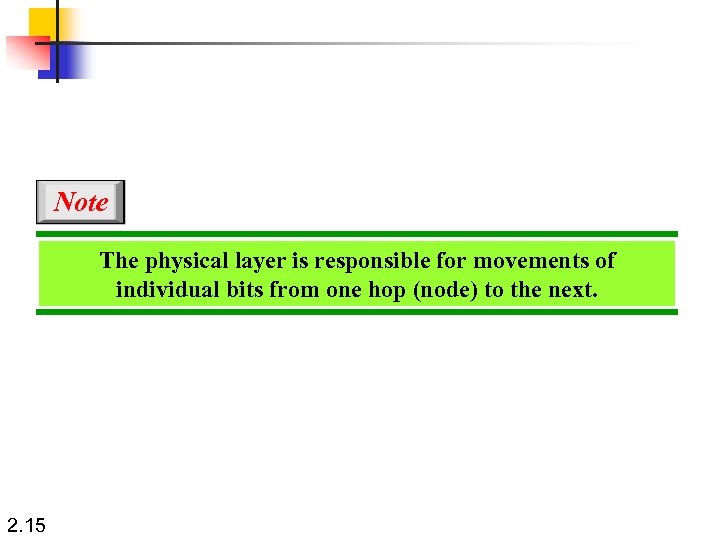 Note The physical layer is responsible for movements of individual bits from one hop