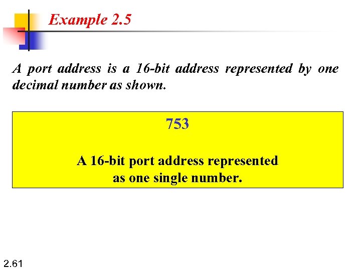 Example 2. 5 A port address is a 16 -bit address represented by one