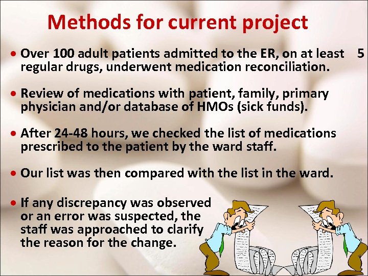 Methods for current project · Over 100 adult patients admitted to the ER, on