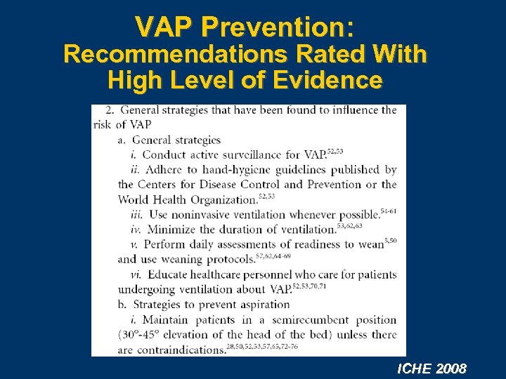 VAP Prevention: Recommendations Rated With High Level of Evidence ICHE 2008 