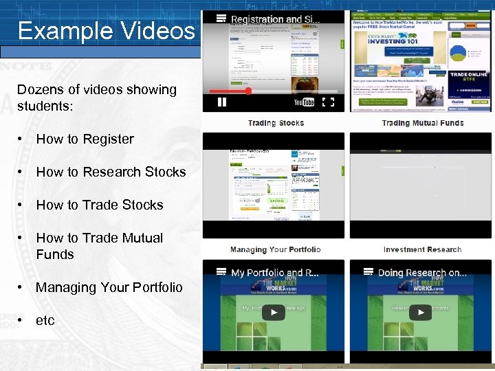 Example Videos Dozens of videos showing students: • How to Register • How to