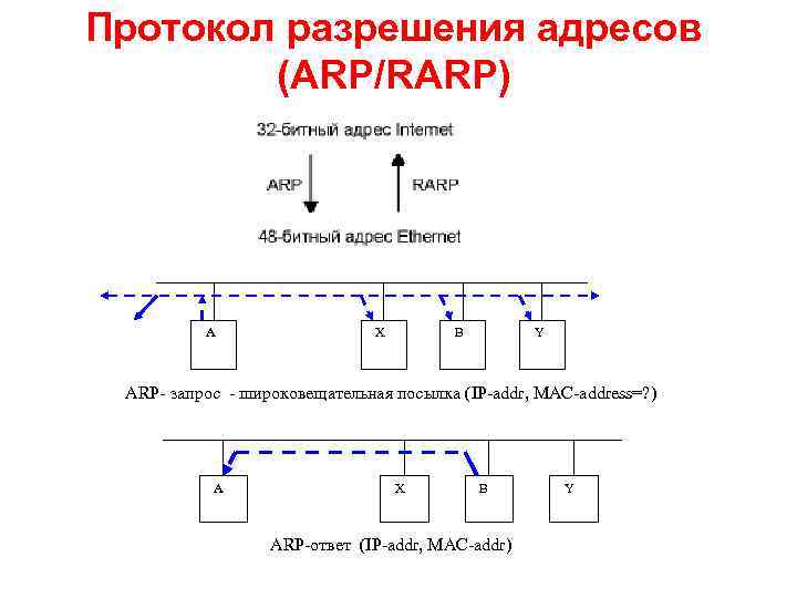 Протокол разрешения адресов (ARP/RARP) A X B Y ARP- запрос - широковещательная посылка (IP-addr,