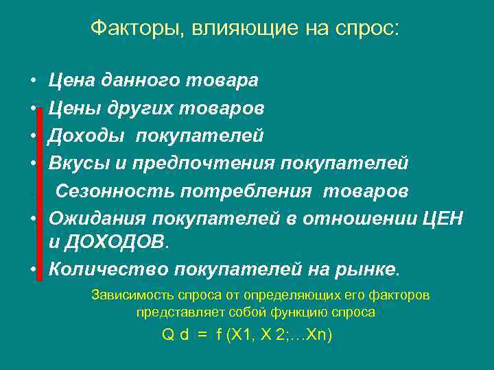 Факторы, влияющие на спрос: • • Цена данного товара Цены других товаров Доходы покупателей
