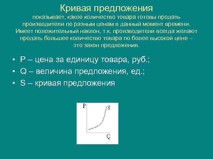 Кривая предложения показывает, какое количество товара готовы продать производители по разным ценам в данный