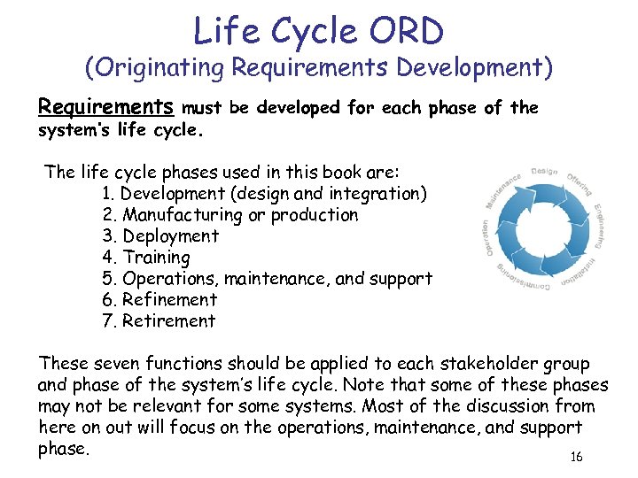 Life Cycle ORD (Originating Requirements Development) Requirements must be developed for each phase of