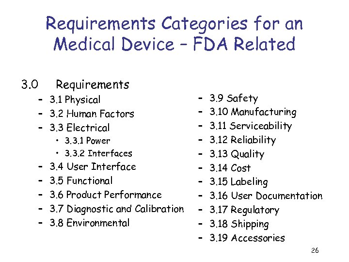 Requirements Categories for an Medical Device – FDA Related 3. 0 Requirements – 3.