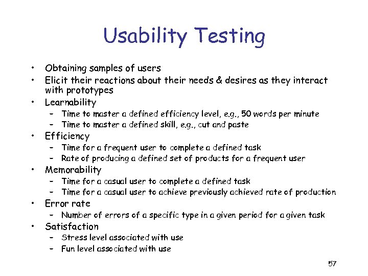 Usability Testing • • • Obtaining samples of users Elicit their reactions about their