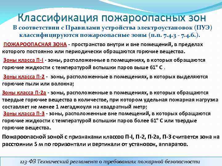 Классификация пожароопасных зон В соответствии с Правилами устройства электроустановок (ПУЭ) классифицируются пожароопасные зоны (п.