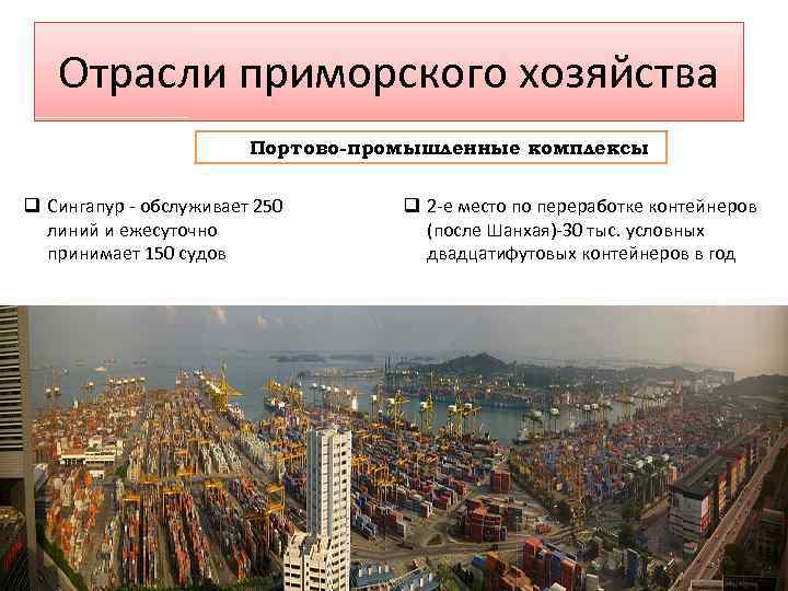 Отрасли приморского хозяйства Портово-промышленные комплексы q Сингапур - обслуживает 250 линий и ежесуточно принимает