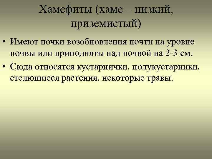 Хамефиты (хаме – низкий, приземистый) • Имеют почки возобновления почти на уровне почвы или