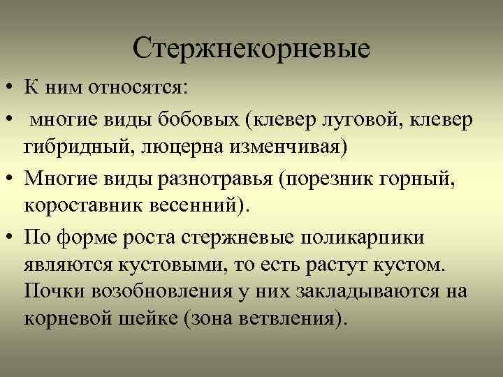 Стержнекорневые • К ним относятся: • многие виды бобовых (клевер луговой, клевер гибридный, люцерна