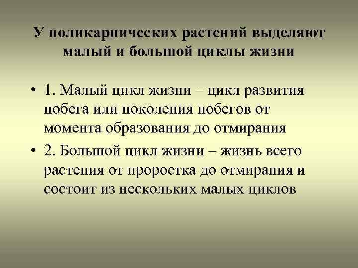 У поликарпических растений выделяют малый и большой циклы жизни • 1. Малый цикл жизни