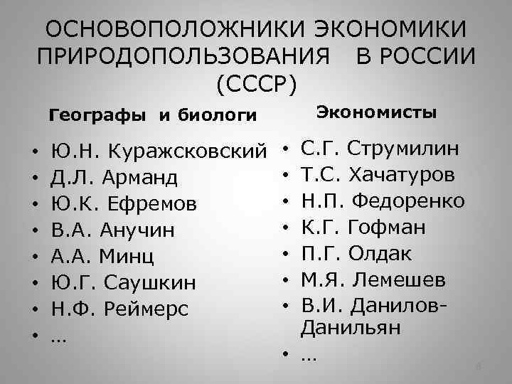 ОСНОВОПОЛОЖНИКИ ЭКОНОМИКИ ПРИРОДОПОЛЬЗОВАНИЯ В РОССИИ (СССР) Экономисты Географы и биологи • • Ю. Н.