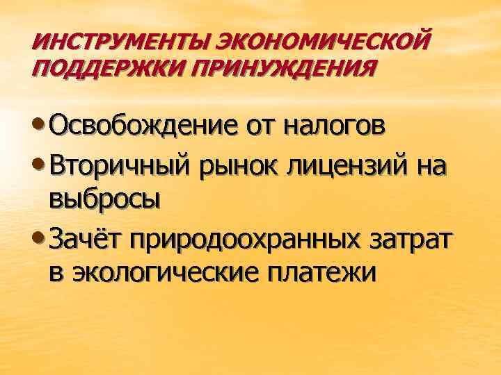 ИНСТРУМЕНТЫ ЭКОНОМИЧЕСКОЙ ПОДДЕРЖКИ ПРИНУЖДЕНИЯ • Освобождение от налогов • Вторичный рынок лицензий на выбросы