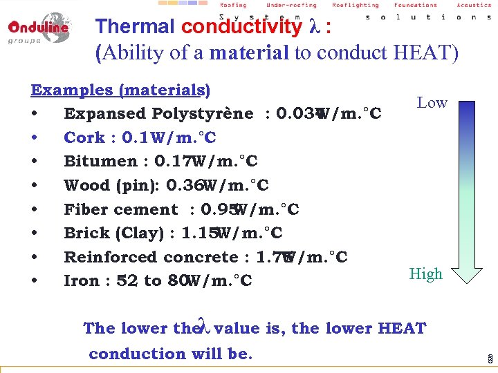 Thermal conductivity λ : (Ability of a material to conduct HEAT) Examples (materials) :