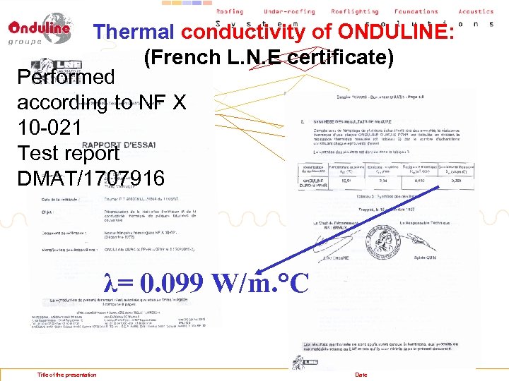 Thermal conductivity of ONDULINE: (French L. N. E certificate) Performed according to NF X