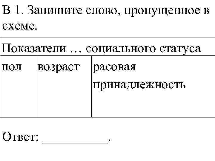 Статус пол. Запишите слово пропущенное в схеме социальная. 1.Запишите слово, пропущенное в схеме. Показатели социального статуса пол Возраст расовая принадлежность. Запишите слово пропущенное в схеме права.