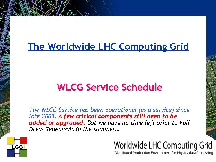 The Worldwide LHC Computing Grid WLCG Service Schedule The WLCG Service has been operational