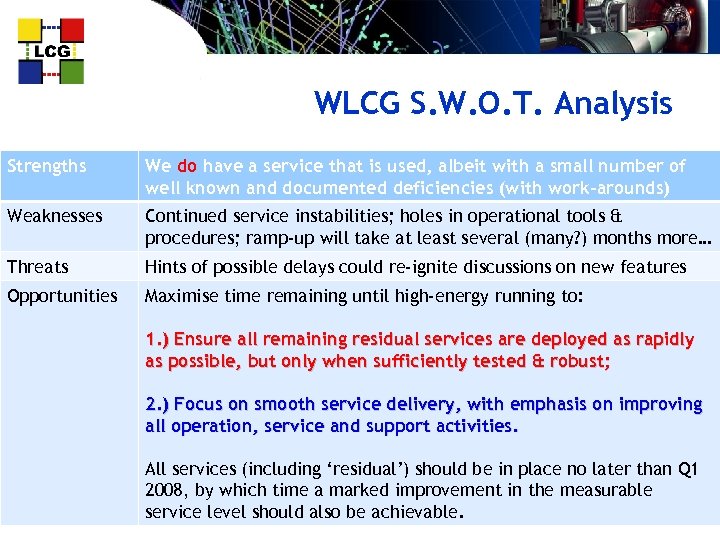WLCG S. W. O. T. Analysis Strengths We do have a service that is