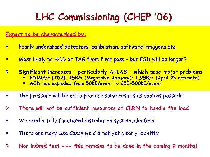 LHC Commissioning (CHEP ’ 06) Expect to be characterised by: § Poorly understood detectors,