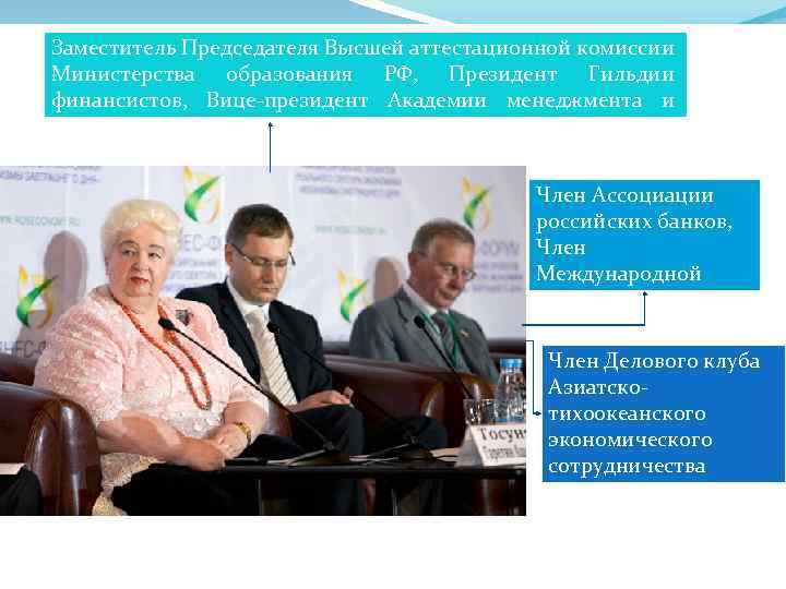 Заместитель Председателя Высшей аттестационной комиссии Министерства образования РФ, Президент Гильдии финансистов, Вице-президент Академии менеджмента