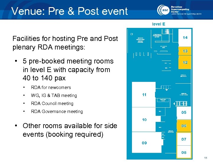 Venue: Pre & Post event Facilities for hosting Pre and Post plenary RDA meetings: