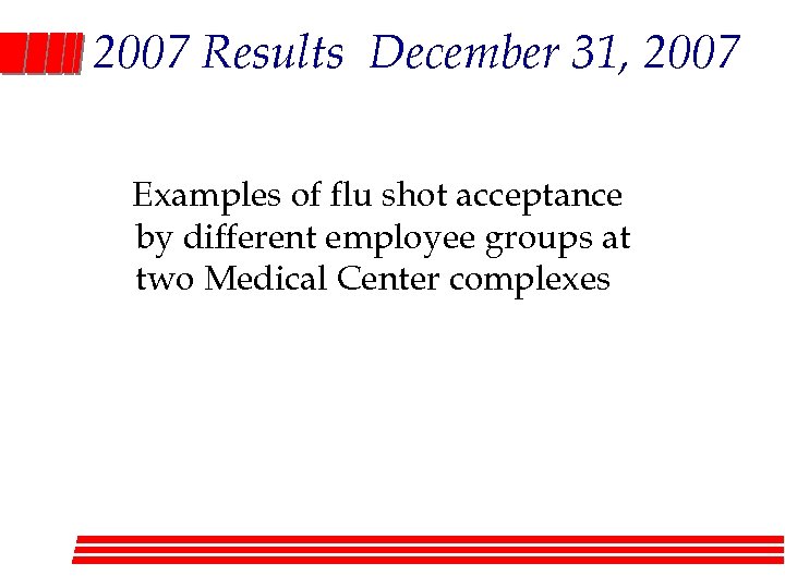 2007 Results December 31, 2007 Examples of flu shot acceptance by different employee groups