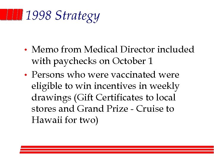 1998 Strategy • • Memo from Medical Director included with paychecks on October 1