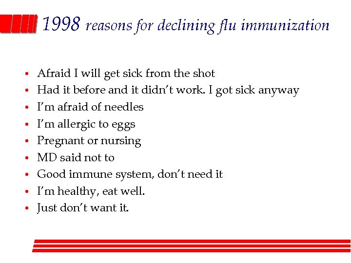 1998 reasons for declining flu immunization • • • Afraid I will get sick