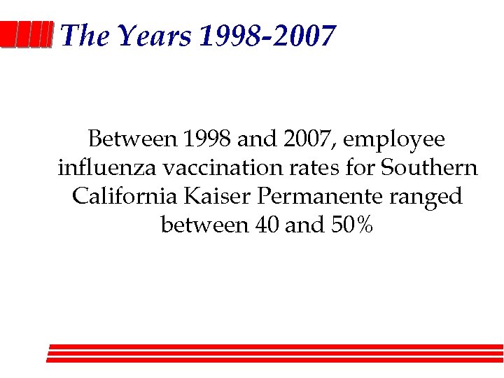 The Years 1998 -2007 Between 1998 and 2007, employee influenza vaccination rates for Southern