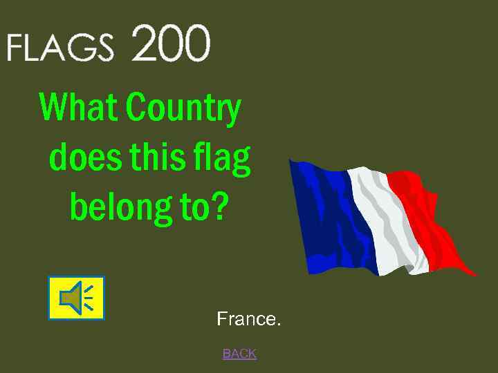 FLAGS 200 What Country does this flag belong to? France. BACK 