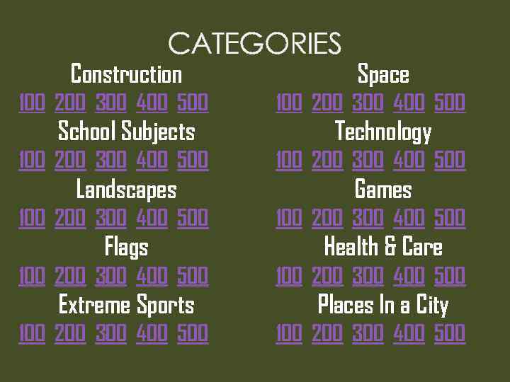 CATEGORIES Construction 100 200 300 400 500 School Subjects 100 200 300 400 500