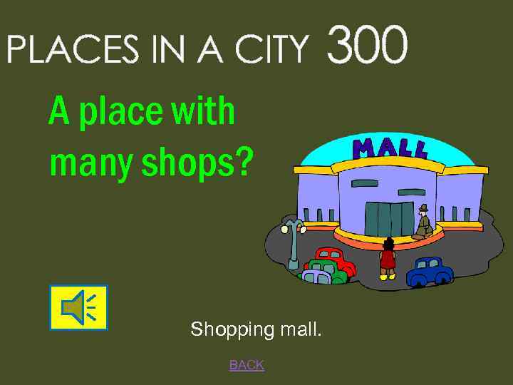 PLACES IN A CITY A place with many shops? Shopping mall. BACK 300 