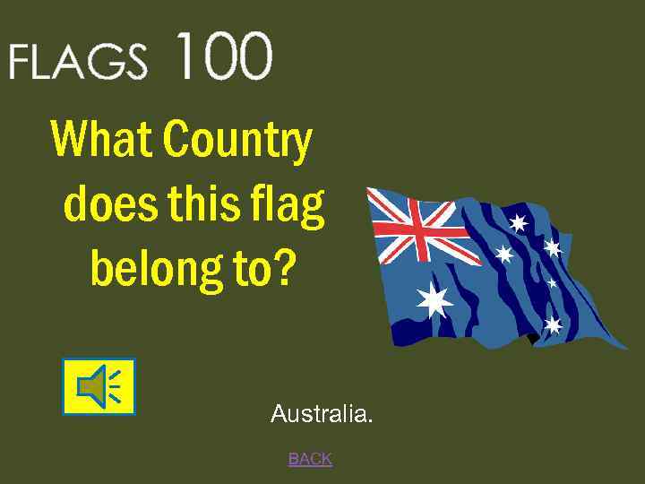 FLAGS 100 What Country does this flag belong to? Australia. BACK 