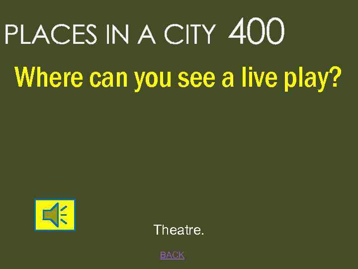 PLACES IN A CITY 400 Where can you see a live play? Theatre. BACK