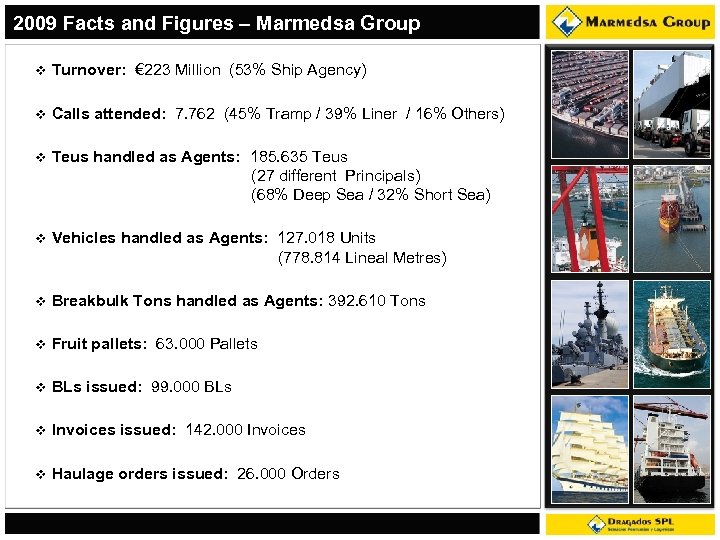 2009 Facts and Figures – Marmedsa Group Turnover: € 223 Million (53% Ship Agency)