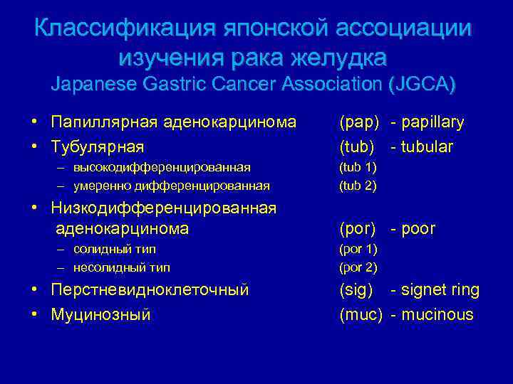 Классификация японской ассоциации изучения рака желудка Japanese Gastric Cancer Association (JGCA) • Папиллярная аденокарцинома
