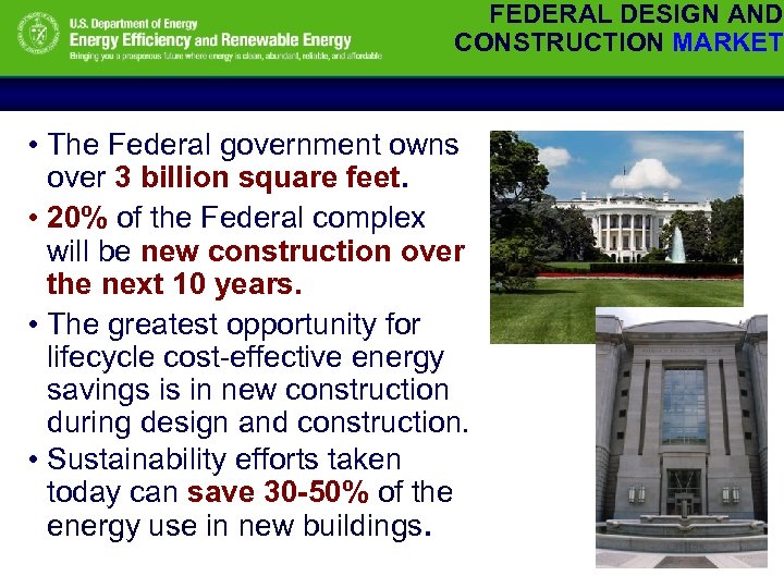 FEDERAL DESIGN AND CONSTRUCTION MARKET • The Federal government owns over 3 billion square