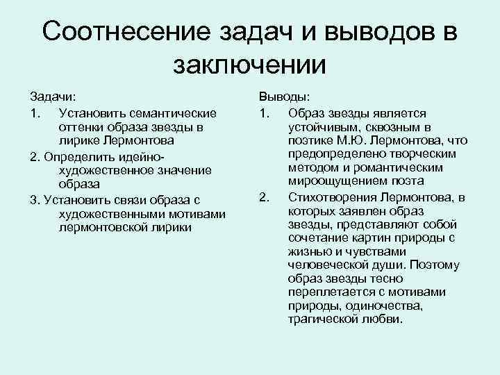 Соотнесение задач и выводов в заключении Задачи: 1. Установить семантические оттенки образа звезды в