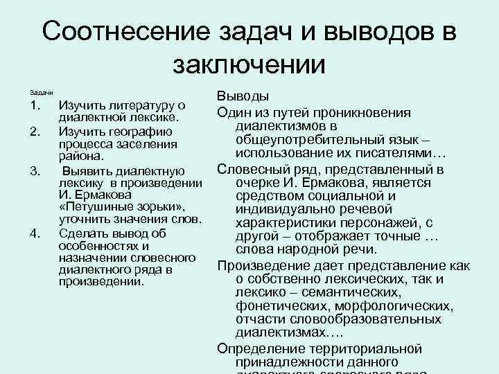 Соотнесение задач и выводов в заключении Задачи 1. 2. 3. 4. Изучить литературу о